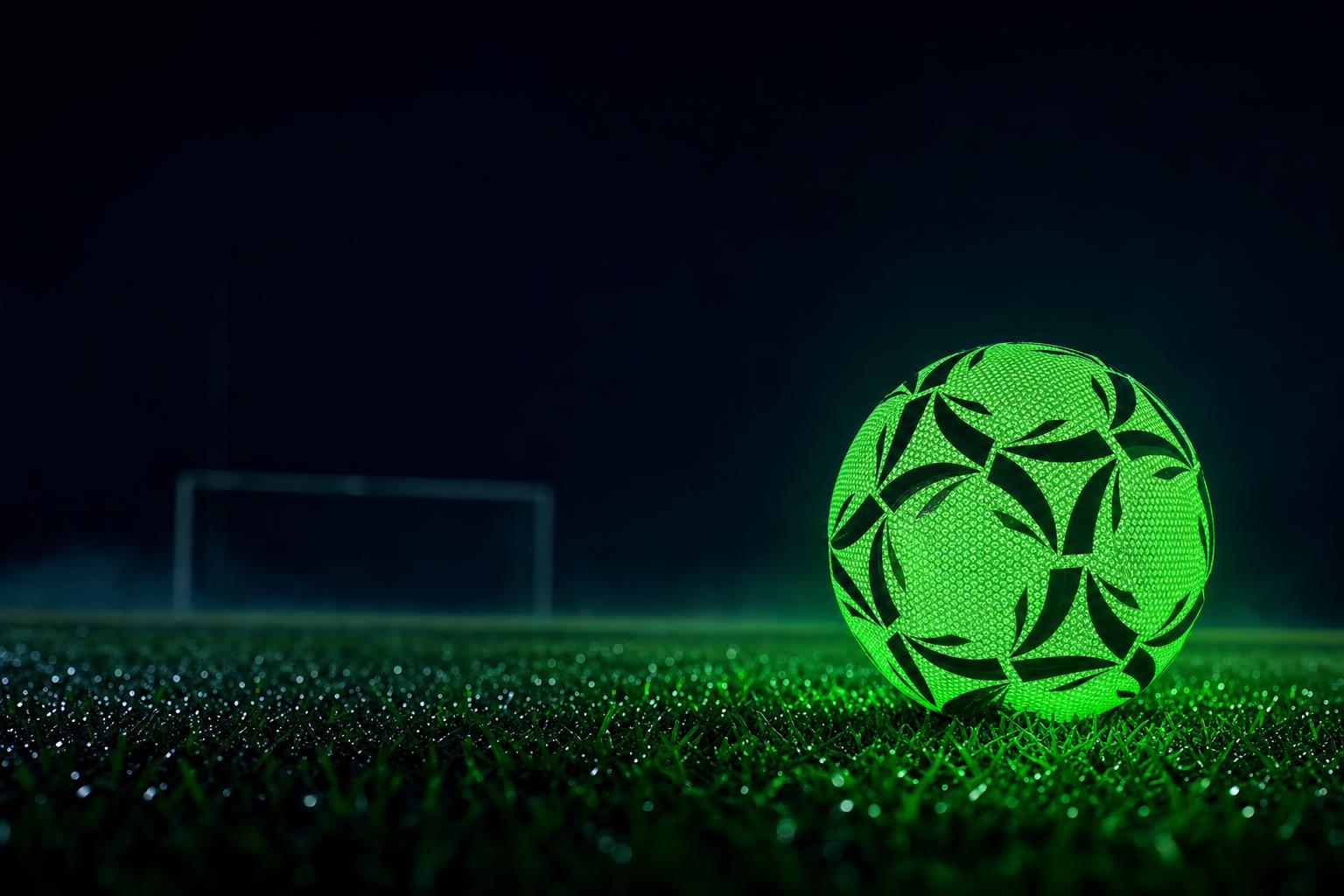 Balón luminoso brillando de noche en un campo de fútbol